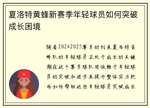 夏洛特黄蜂新赛季年轻球员如何突破成长困境