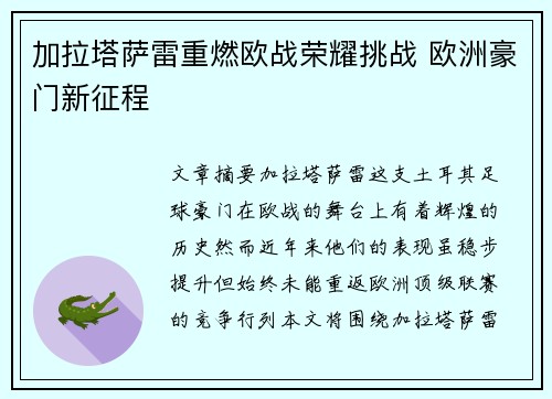 加拉塔萨雷重燃欧战荣耀挑战 欧洲豪门新征程